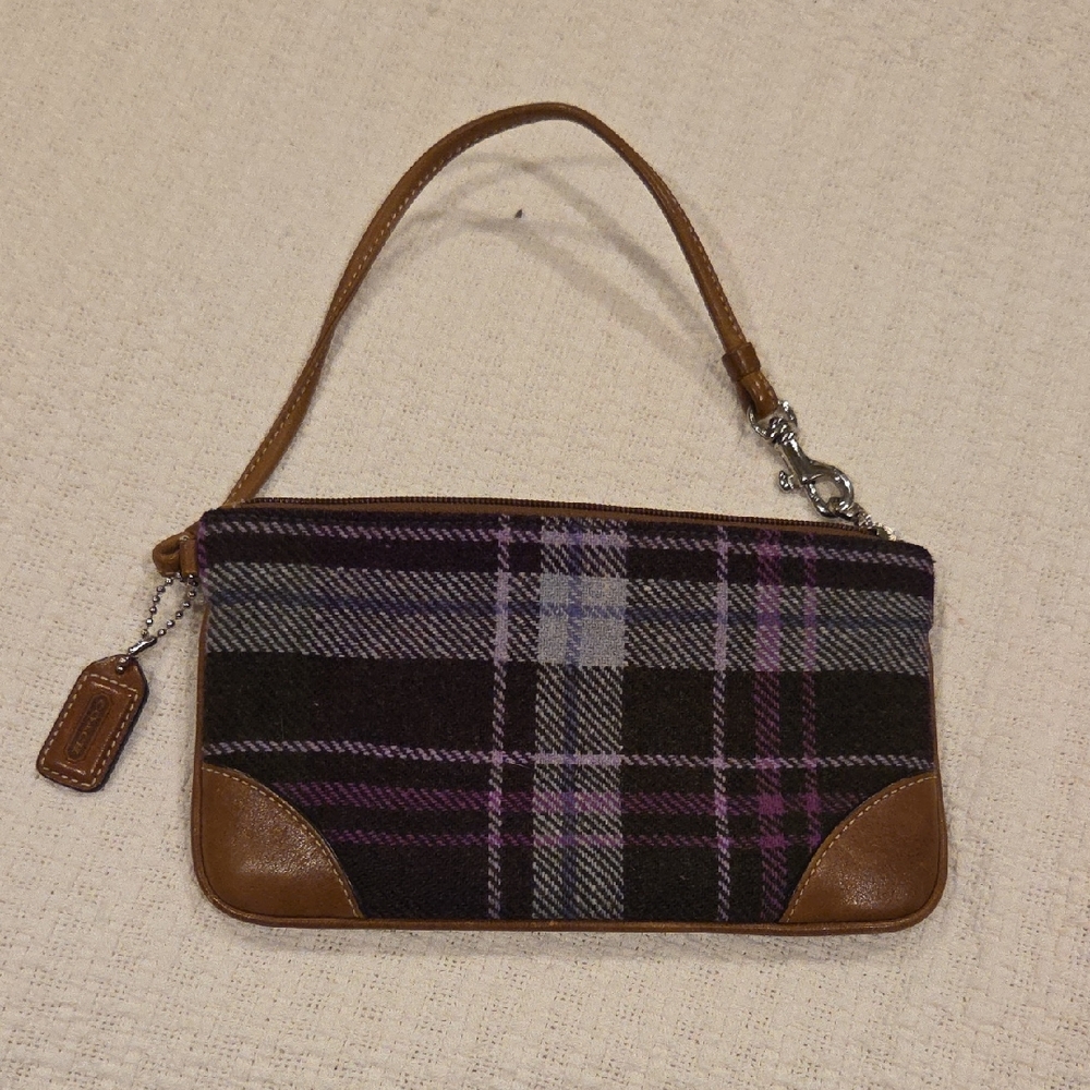 Coach Plaid Leather Trim Wristlet